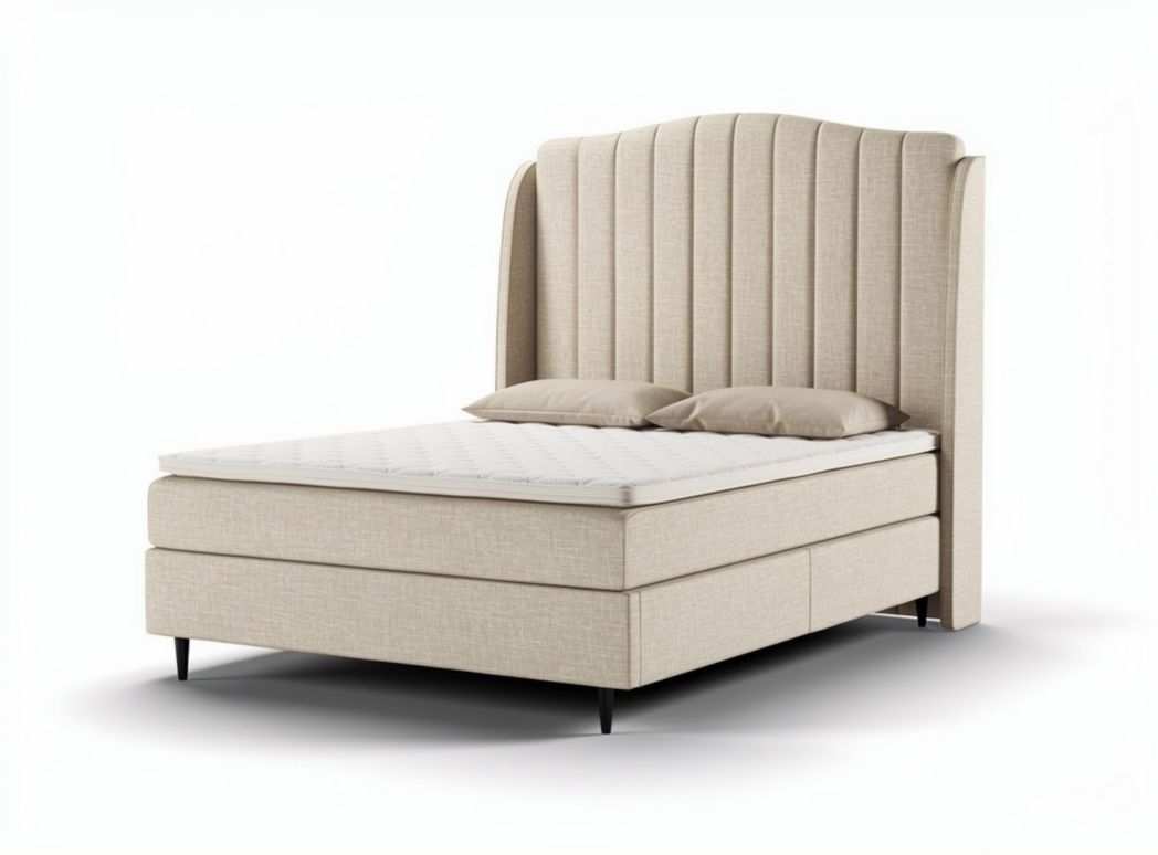 Letto matrimoniale in tessuto beige con contenitore e dimensioni 200 x 160 x 120cm