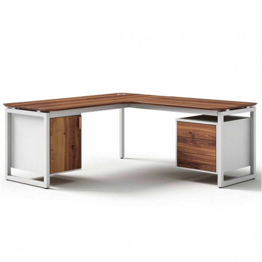 Scrivania angolare in legno e metallo dimensioni 150 x 150 x 75cm con cassetto disponibile in marrone e bianco