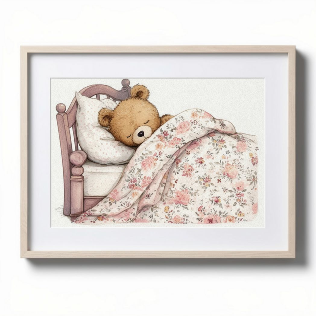 Stampa artistica di un orsetto che dorme con cornice in legno 30 x 40 x 3cm
