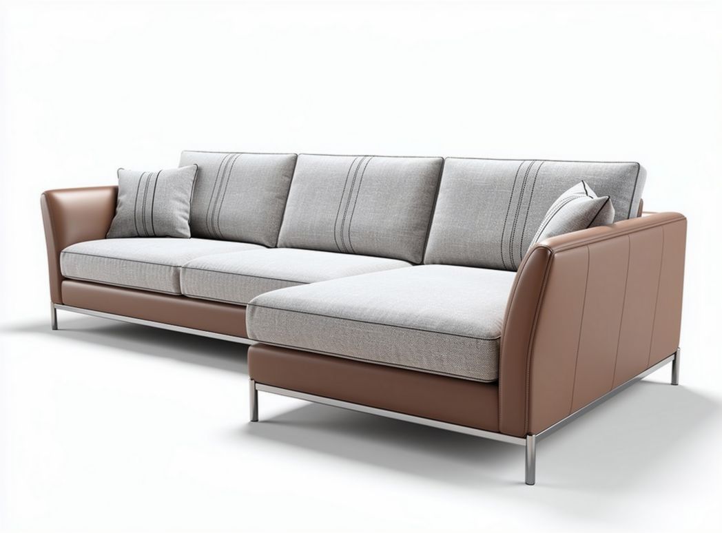 Divano angolare in tessuto grigio e pelle marrone dimensioni 230 x 90 x 85cm