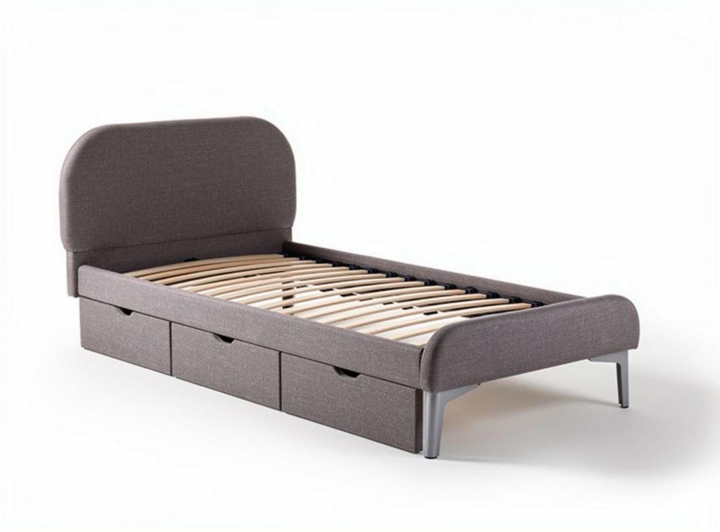 Letto singolo con contenitore in tessuto grigio e doghe in legno 200 x 90 x 40cm