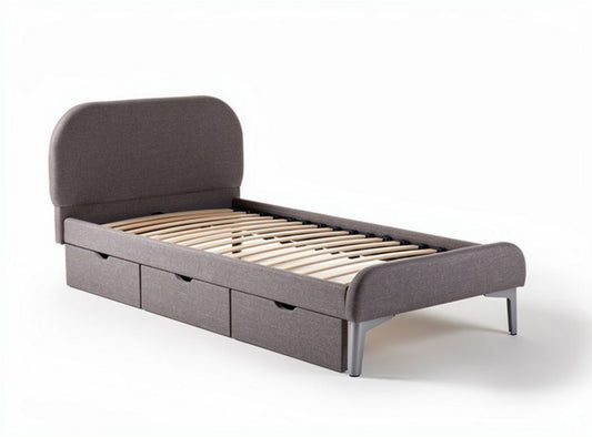 Letto singolo con contenitore in tessuto grigio e doghe in legno 200 x 90 x 40cm