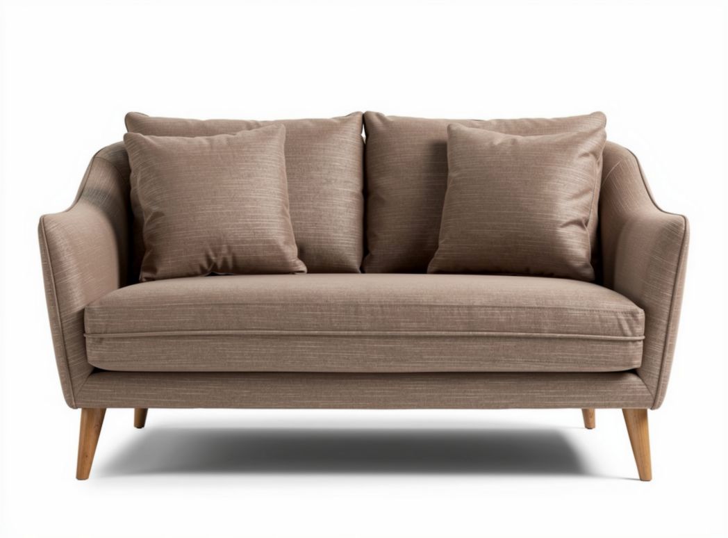 Divano a due posti in tessuto marrone con cuscini e gambe in legno 180 x 90 x 85cm