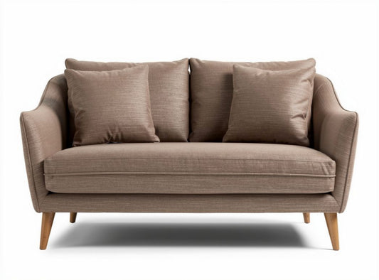 Divano a due posti in tessuto marrone con cuscini e gambe in legno 180 x 90 x 85cm