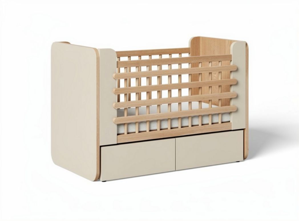 Culla in legno bianco e naturale con cassetti e dimensioni 120 x 60 x 95cm
