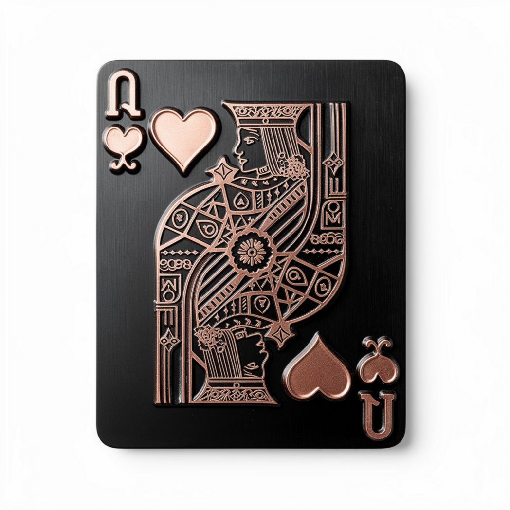 Carta da gioco in metallo con decorazione dorata cuore e regina 8 x 5 x 0,5cm